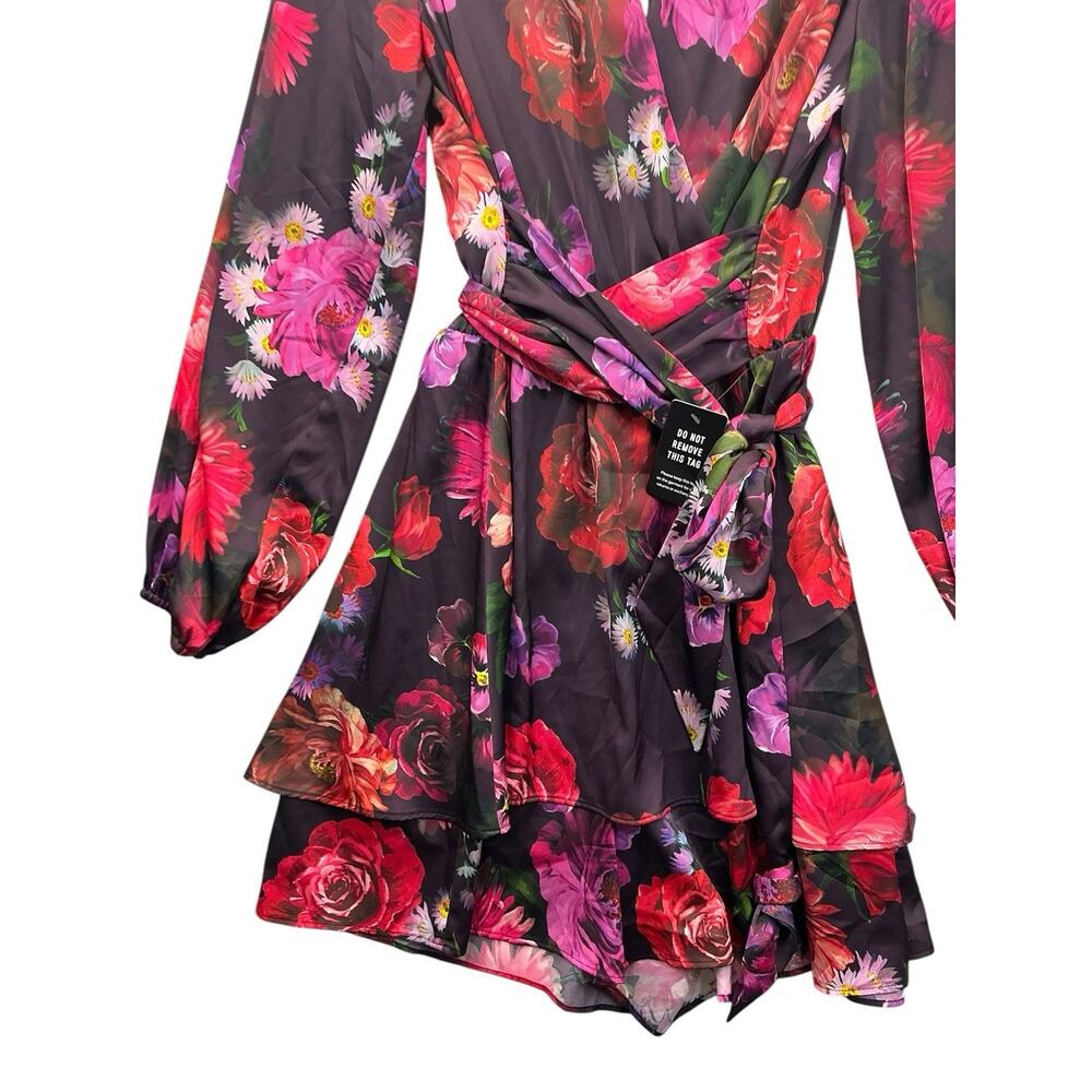 EXPRESS Floral V Neck Long Sleeve Tie-Belt Romper Party Dress Sz.L New NWT - Picture 6 of 11